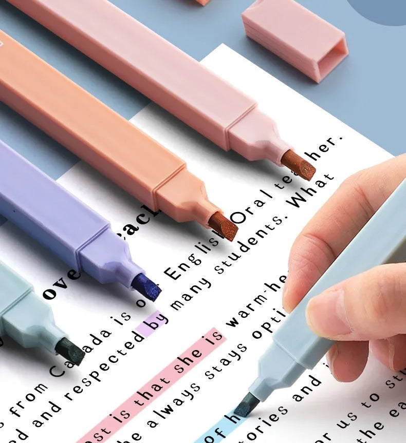 Set of double-ended fluorescent highlighting pens showing chisel and fine tips, in mixed, salt series, and sweet series colours.