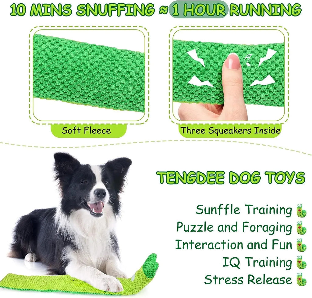 Plush velvet dog toy in transformable snail or stick shape with hidden treat holes.