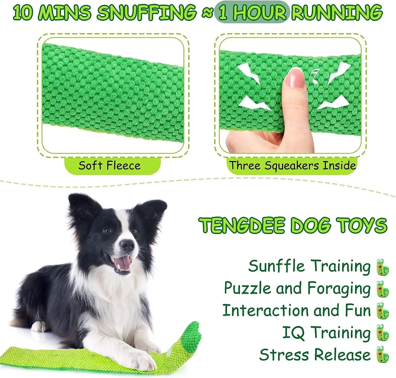 Plush velvet dog toy in transformable snail or stick shape with hidden treat holes.