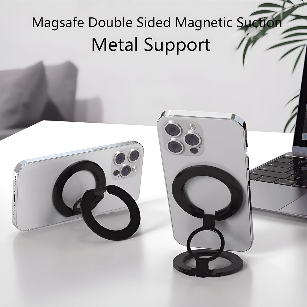 Double-sided metal magnetic ring bracket in black and silver alloy for universal phone mounting