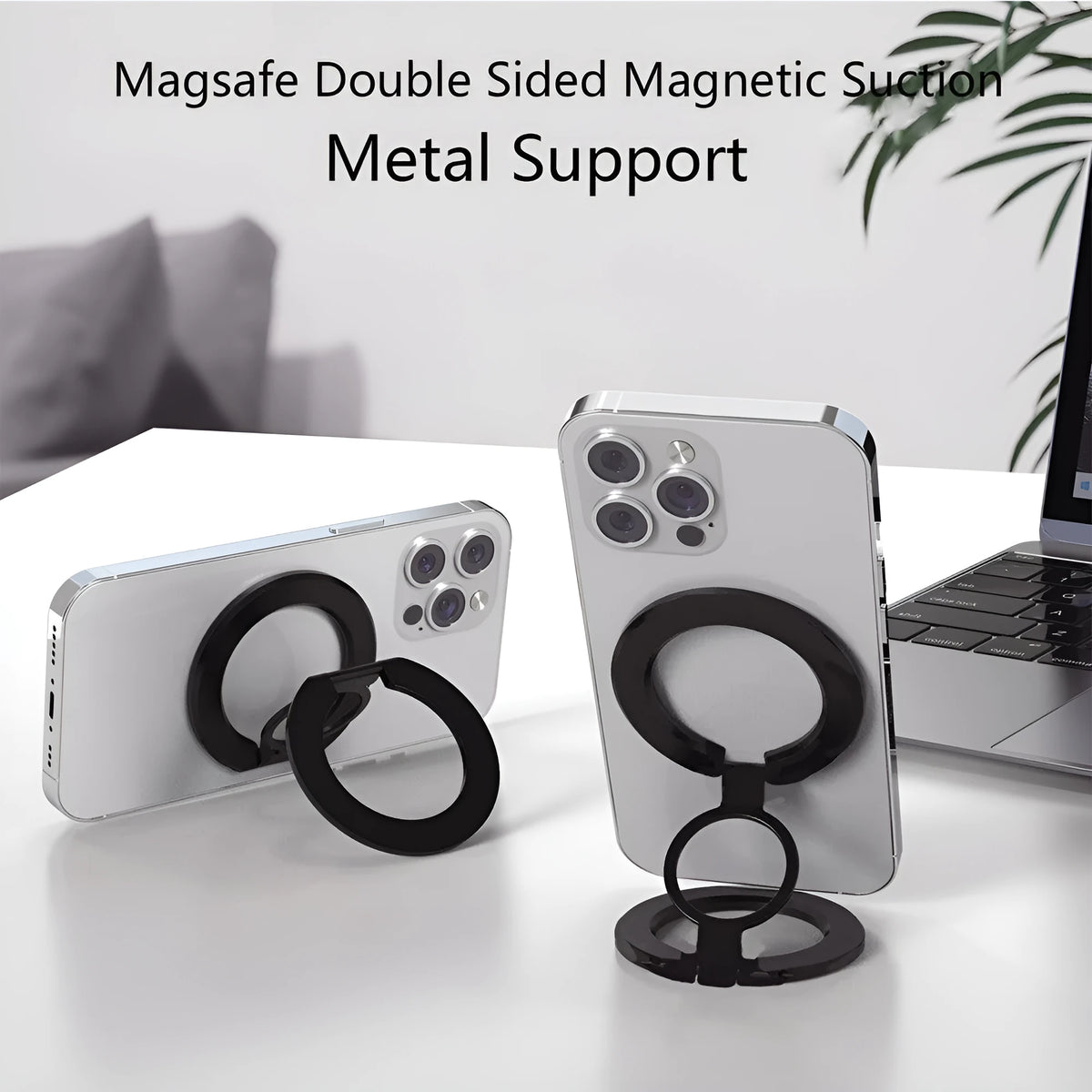 Double-sided metal magnetic ring bracket in black and silver alloy for universal phone mounting