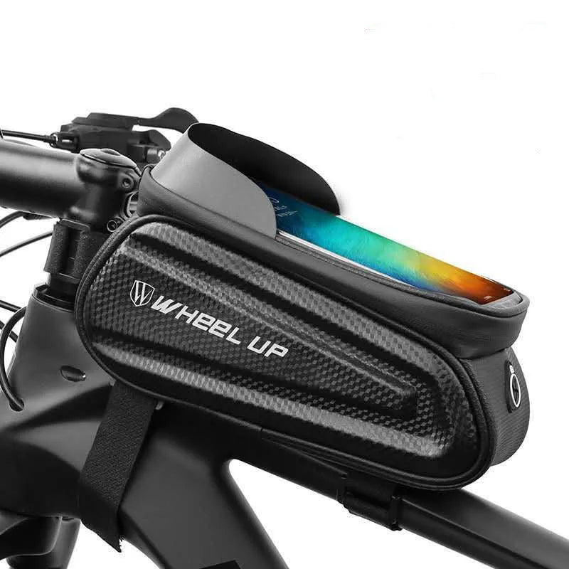 Black grey bicycle phone bag with reflective straps mounted on bike frame