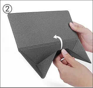 Blue foldable laptop cooling stand with anti-slip surface, shown open and closed, next to a laptop.
