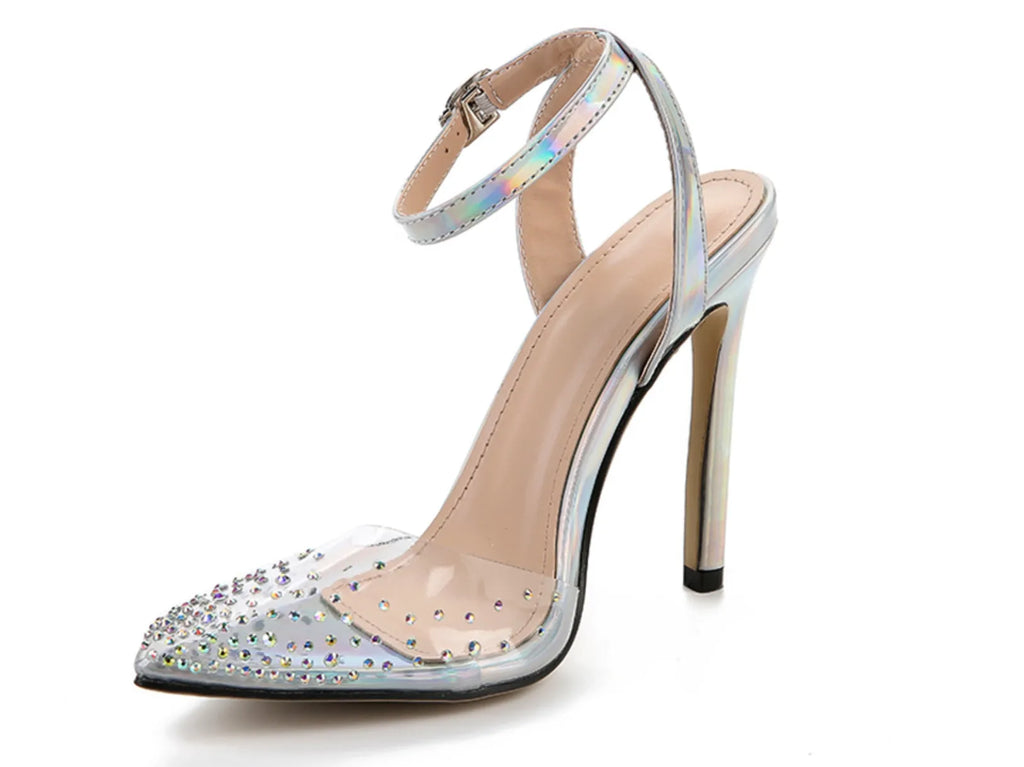 Women's pointed toe stiletto sandals with a diamond detail on a glossy PVC upper.