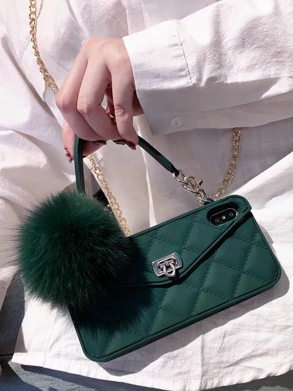 Plush hairball texture TPU back cover for iPhone in dark green grid colour.