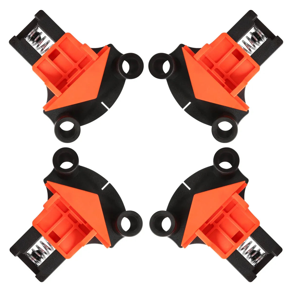Four plastic 90-degree right angle wood clamps for frame and box assembly.