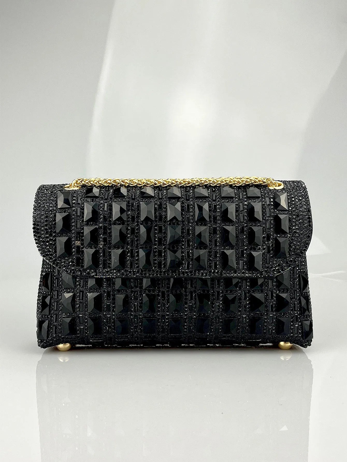 Glass rhinestone chain clutch handbag in horizontal square shape with retro styling and chain strap