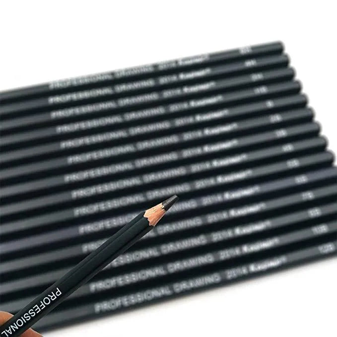 Boxed set of 14 black drawing pencils with hardness grades from 6H to 12B, each 18cm long