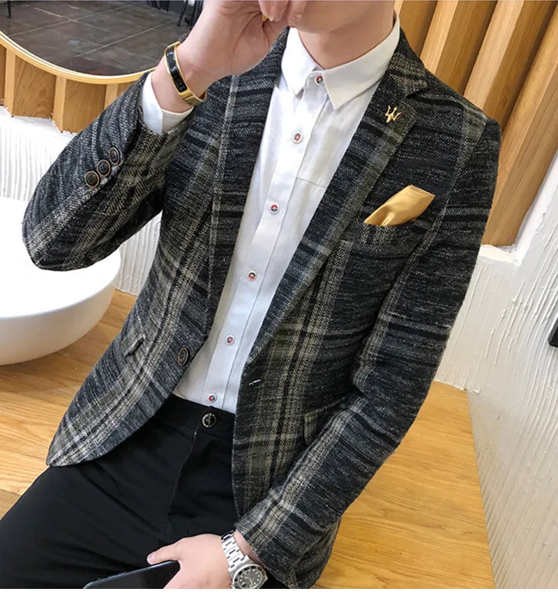 Men plaid slim fit polyester blazer in coffee colour with lapel collar and two-button front