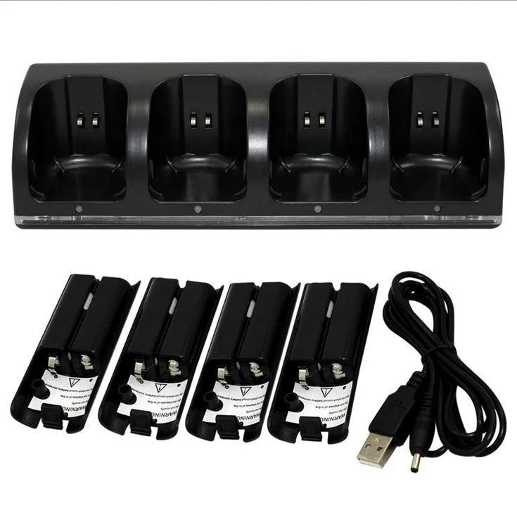 Wii charger set with four rechargeable batteries and USB cable, black model