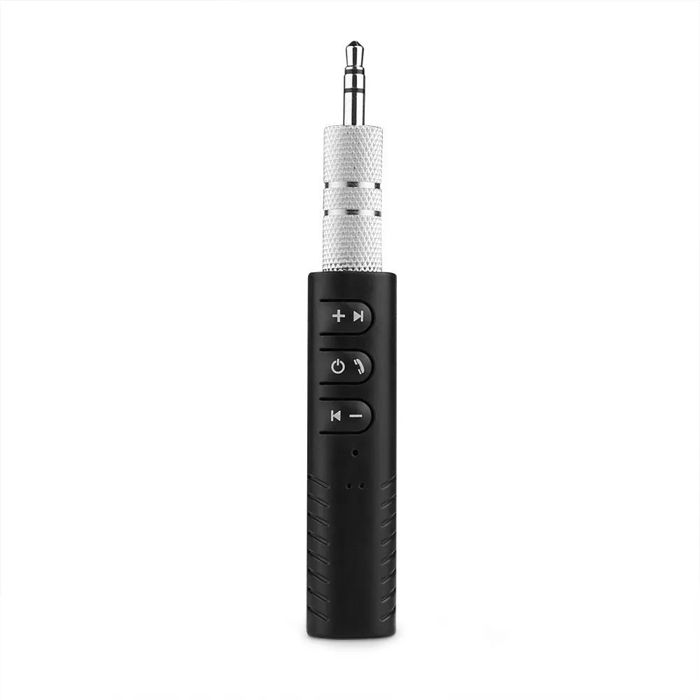 Black Bluetooth 4.1 car audio receiver with 3.5mm AUX jack for wireless music streaming