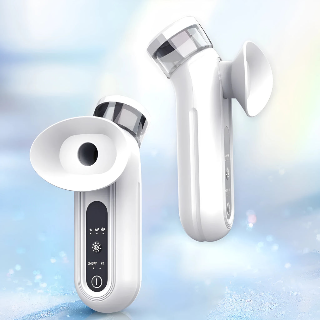 White rechargeable hot and cold compress eye massager with portable design and included eye mask