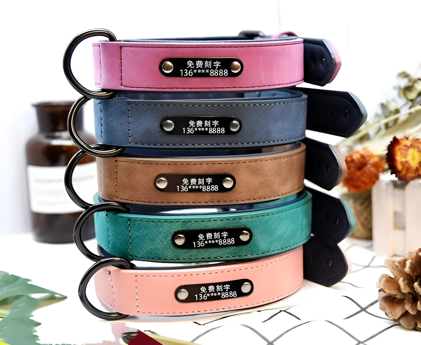 Custom dog tag identity card collar with microfiber leather surface, double D buckle, and painted alloy lock in multiple colours