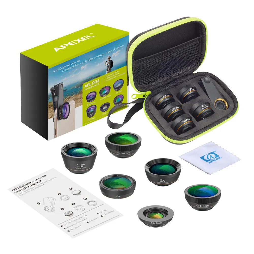 Black 6-in-1 smartphone camera lens kit with fisheye, macro, wide-angle, telephoto, CPL and star filters, case, and universal clip.