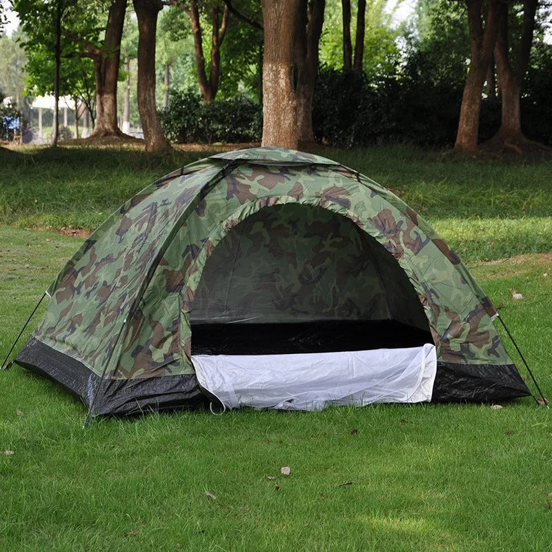 Green camouflage tent with steel ground nails and breathable mesh sections for outdoor camping