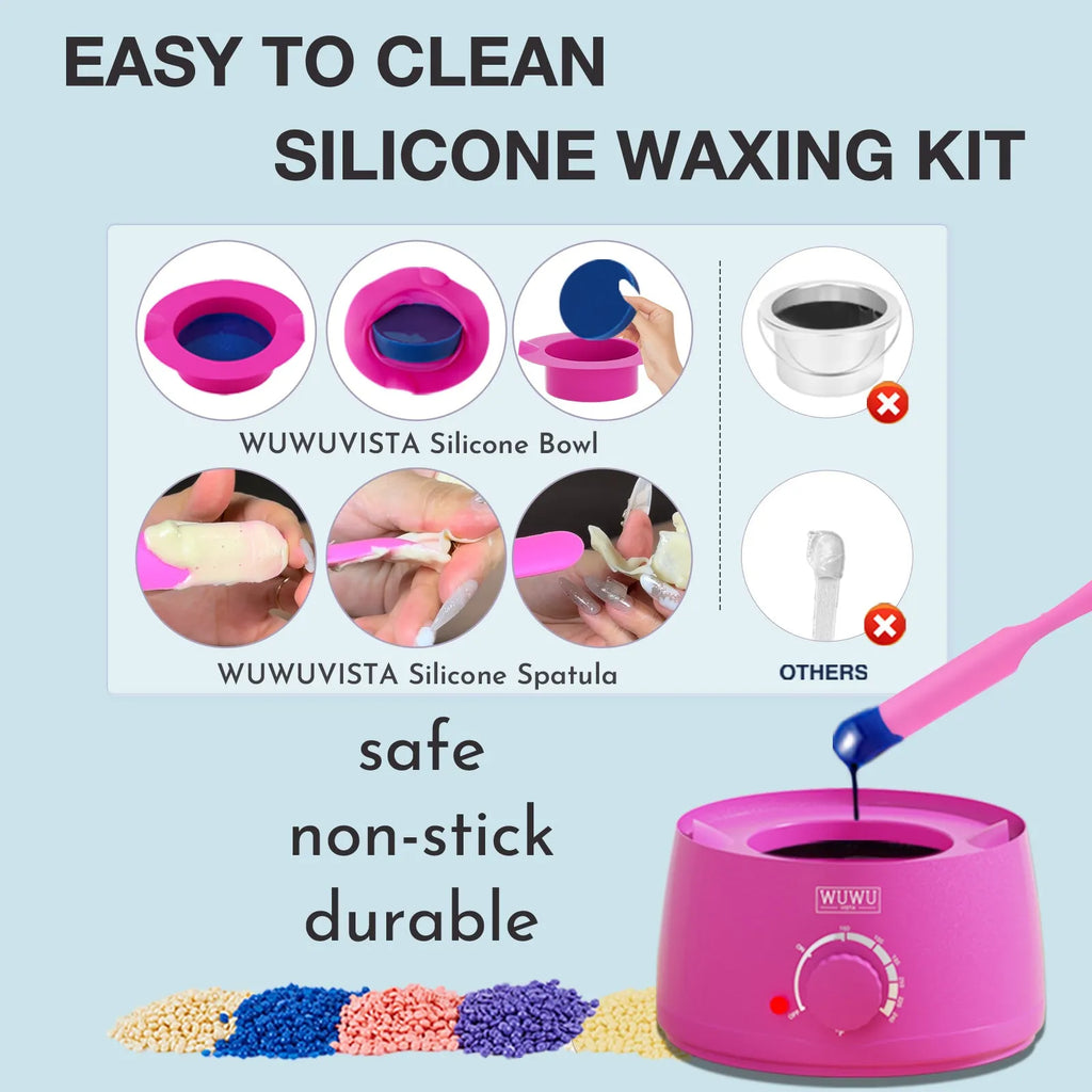 WUWUVISTA 63-piece waxing kit with pink wax warmer, wax beads, lotion, and applicator sticks on a table