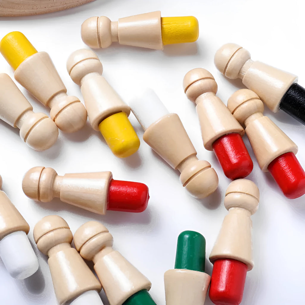 Children's beech wood memory chess game with board, pieces, and storage box for colour recognition learning.