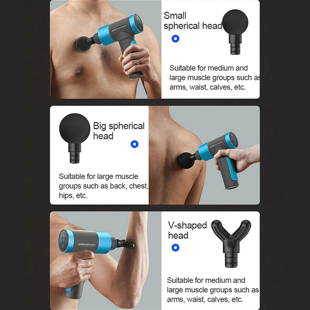 Grey electric percussion muscle massage gun with ergonomic handle, touch screen, and three massage heads on display