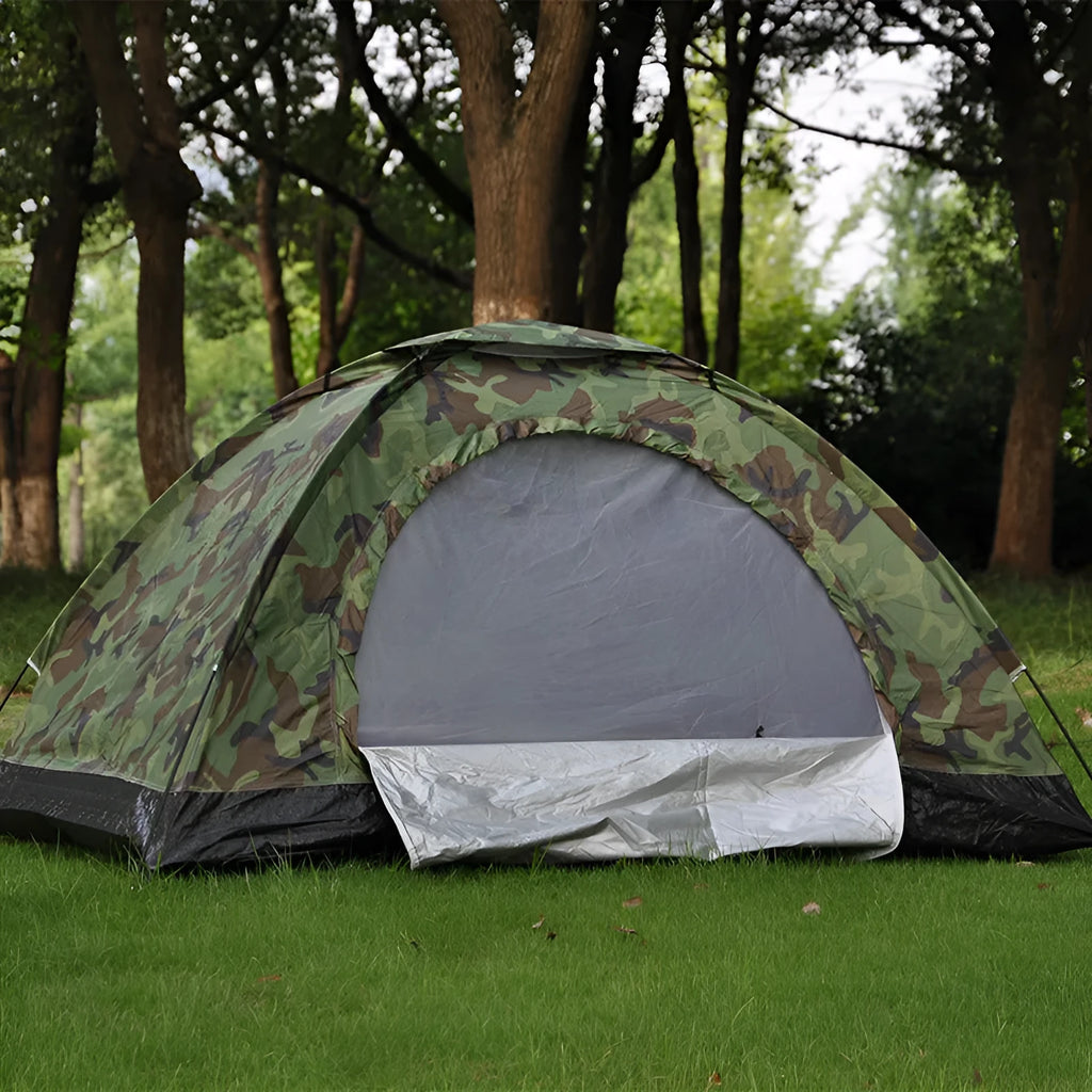 Green camouflage tent with steel ground nails and breathable mesh sections for outdoor camping