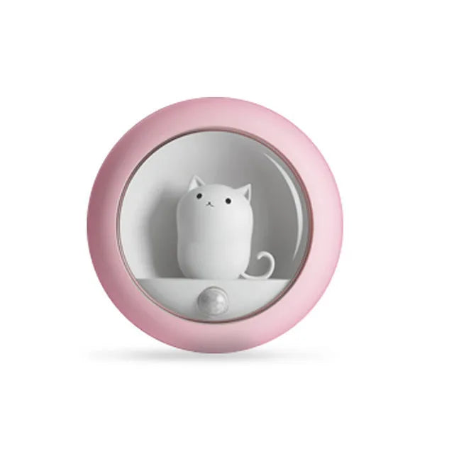 Creative cute cat night light with dual sensor and USB rechargeable battery in pink, white, and yellow options