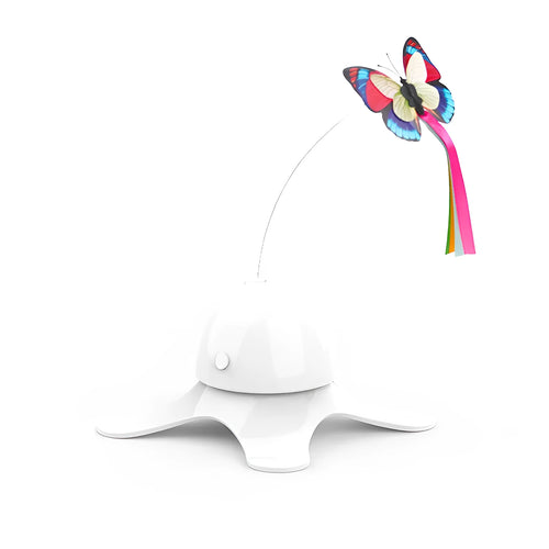 Automatic cat toy with rotating butterfly on stable octopus base, blue colour, glowing in dark