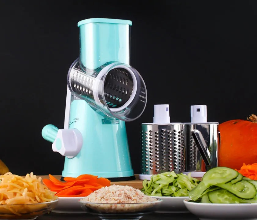 Manual round mandoline kitchen slicer with stainless steel blade in blue colour