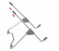 Grey aluminium alloy and plastic adjustable stand holding a mobile phone and a tablet on a desk.