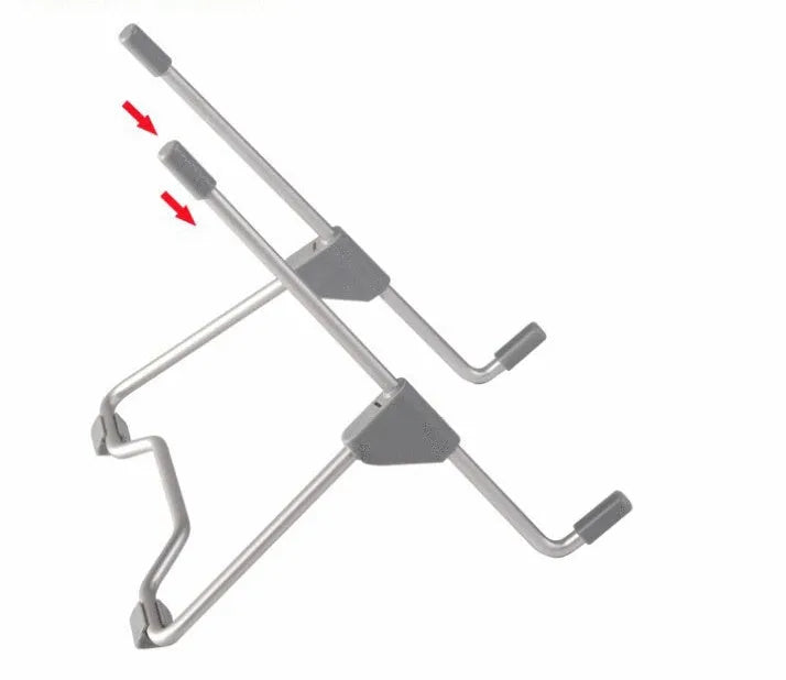 Grey aluminium alloy and plastic adjustable stand holding a mobile phone and a tablet on a desk.