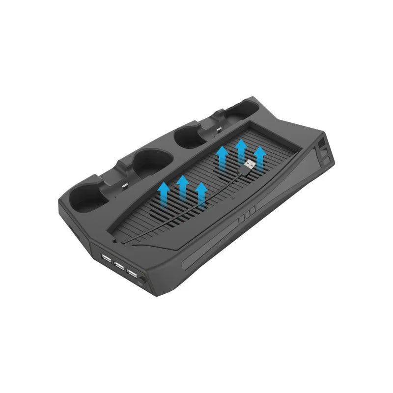 Black multifunctional PS5 charging cooling fan base with USB hub and handle charger slots