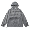 Men's lightweight nylon sun protection jacket with letter print, available in grey or black, sizes M to XXL