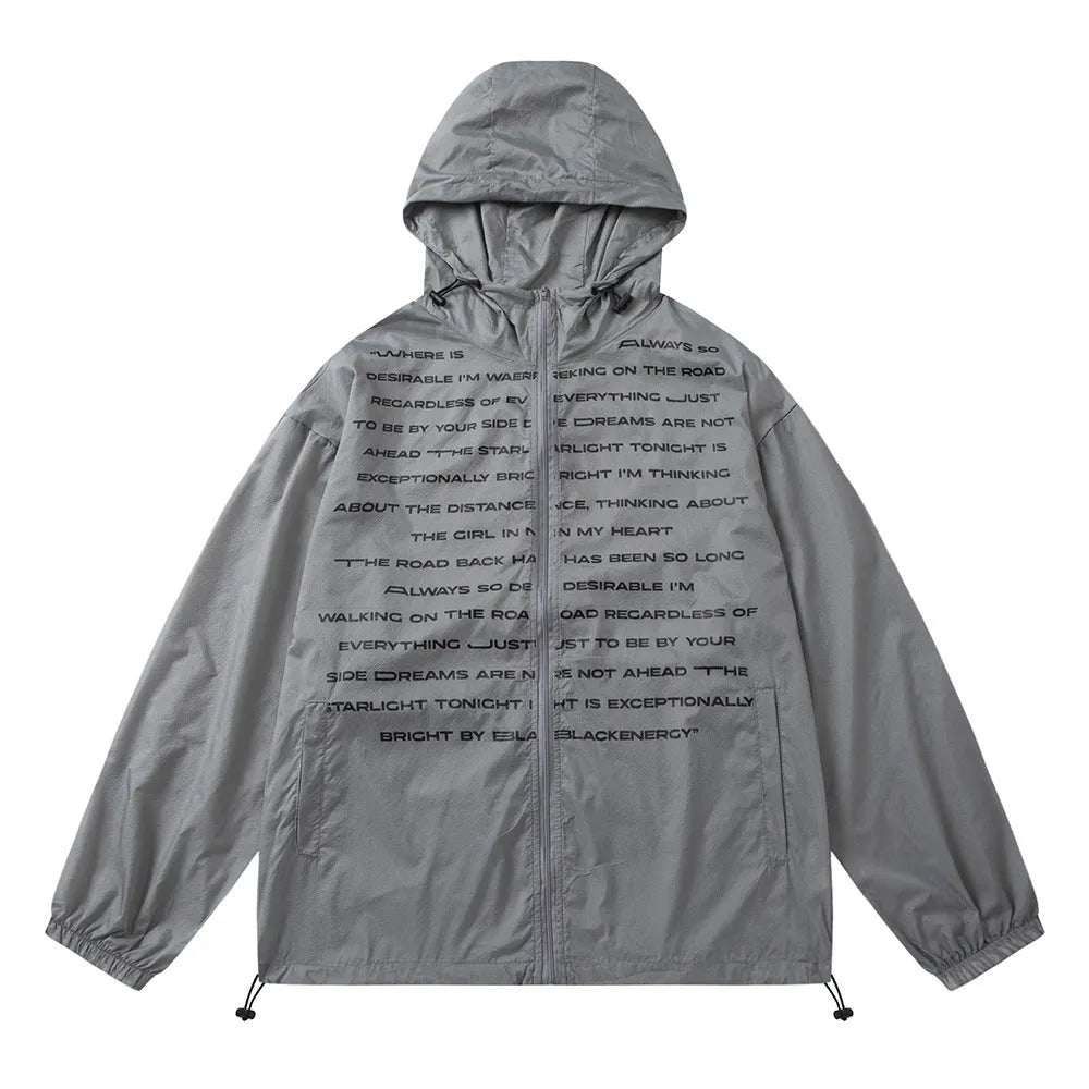 Men's lightweight nylon sun protection jacket with letter print, available in grey or black, sizes M to XXL