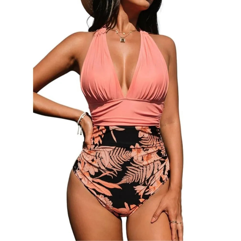 Women's halter neck one-piece swimsuit on hanger, showing backless design and example colour options.