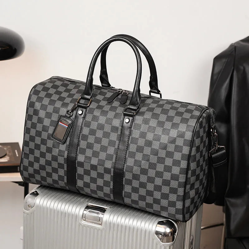 PU leather crossbody bag with sewing thread detail and plaid pattern for 20-35L travel