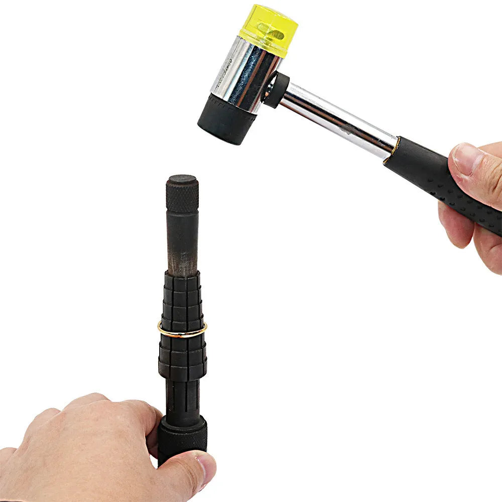 Ring expansion size adjustment plastic repair tool with rotating mechanism and rubber hammer