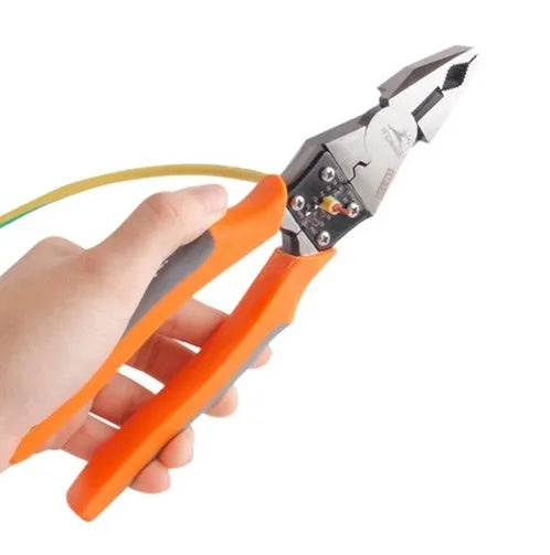Orange-handled multi-function wire cutter pliers with chrome steel jaws for cutting and stripping electrical wire.