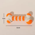 Blue, orange, and red bone-shaped interactive chew and treat toy for small breed dogs.