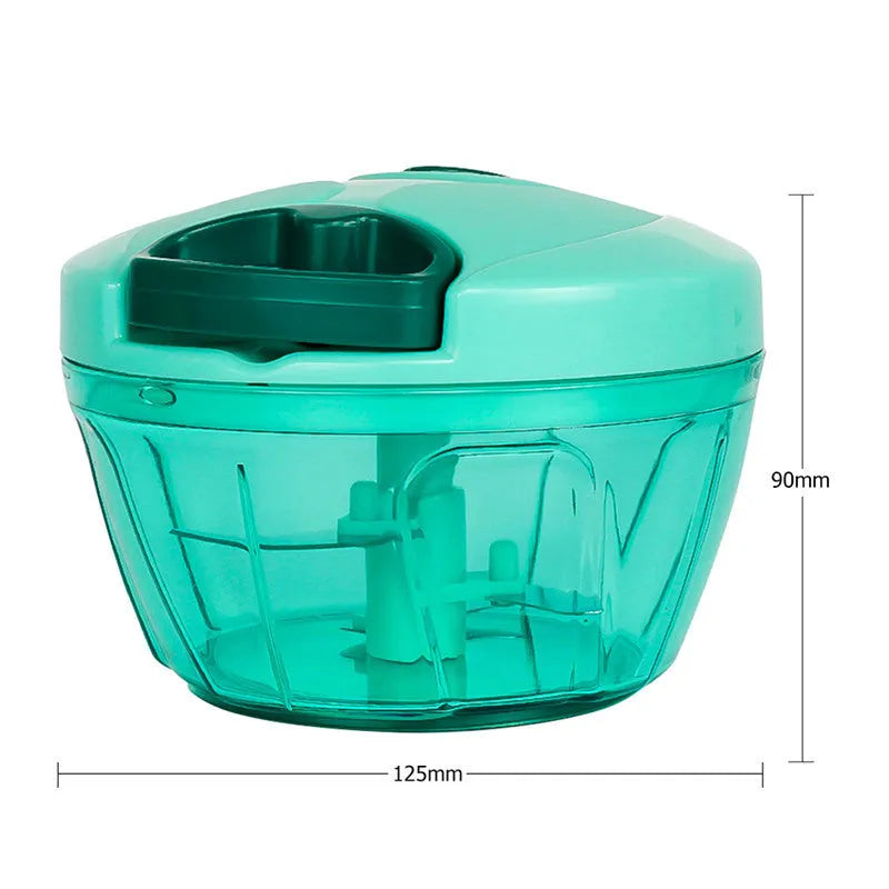 Green manual kitchen chopper with stainless steel blades and a 500ml plastic container.