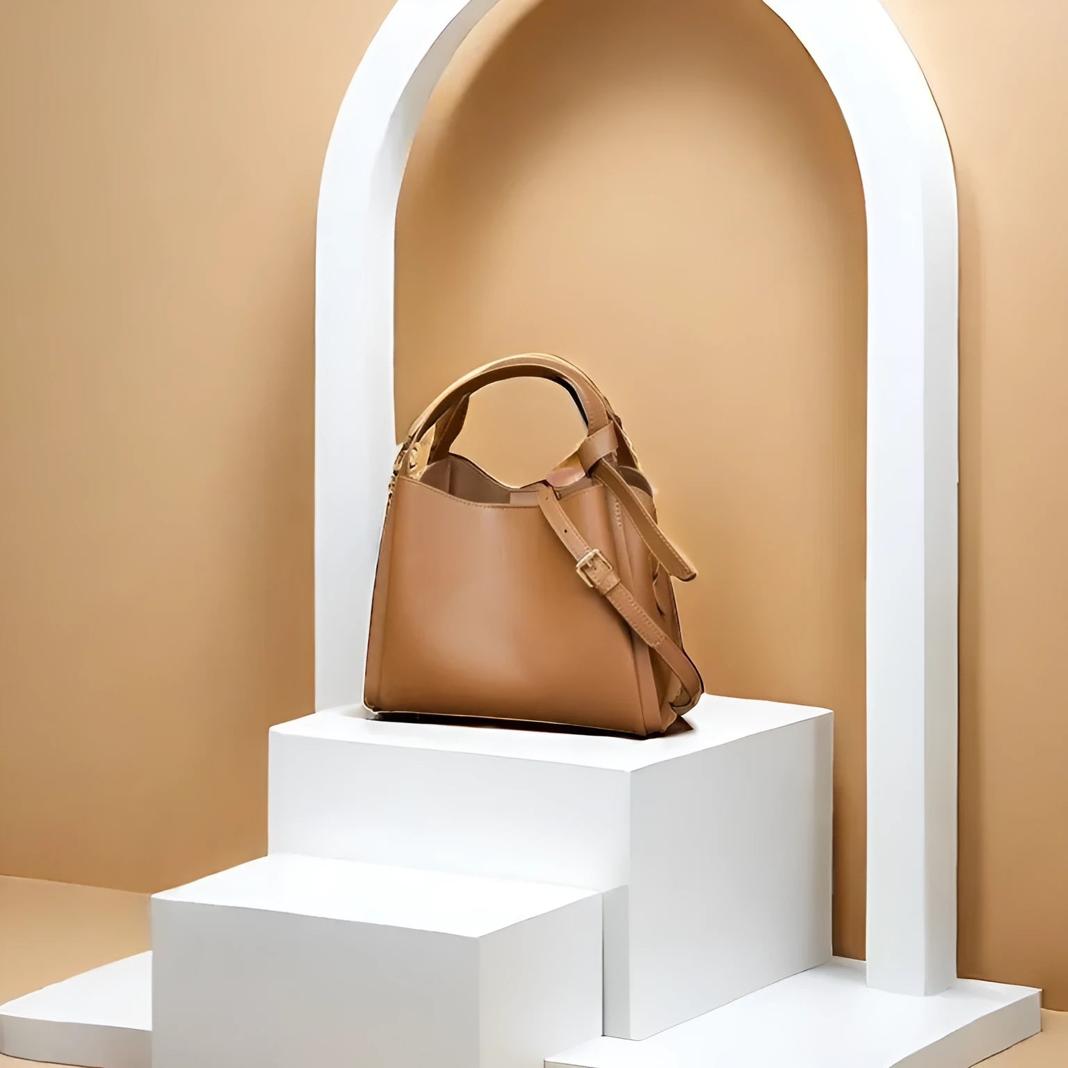 Soft cowhide leather women's crossbody bucket bag in tea brown with zippered interior pockets.