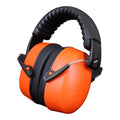 Orange head-mounted noise reduction earmuffs with padded ear cups on an adjustable elasticated headband.