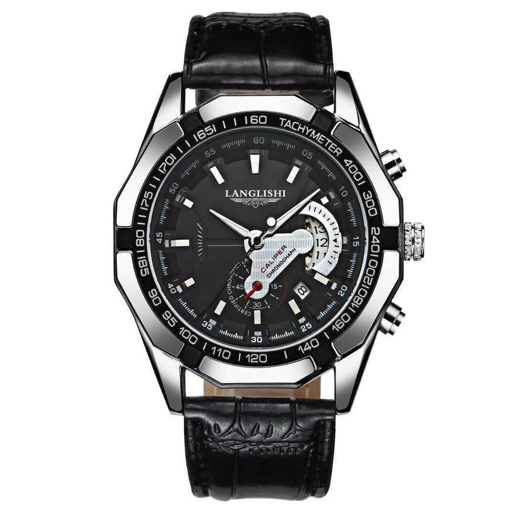 Round men's waterproof luminous quartz watch with 45mm stainless steel case and black strap