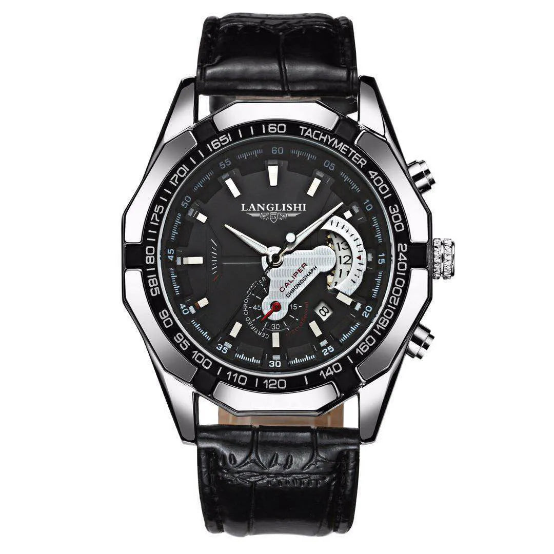 Round men's waterproof luminous quartz watch with 45mm stainless steel case and black strap