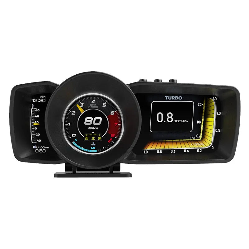 Car diagnostics monitor with TFT screen display showing vehicle parameters, OBDII connection cable