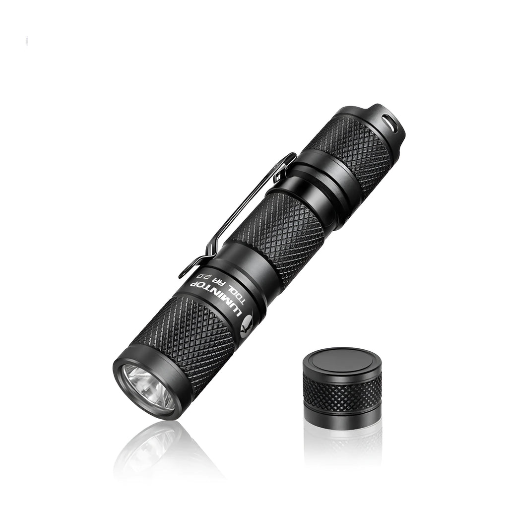 Black Lumintop Tool AA 2.0 compact keychain flashlight with magnetic tail cap on a keyring.