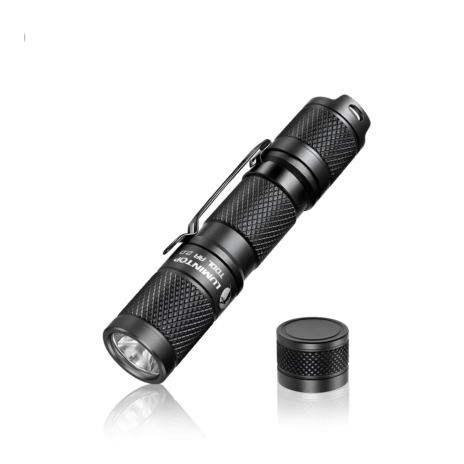 Black Lumintop Tool AA 2.0 compact keychain flashlight with magnetic tail cap on a keyring.