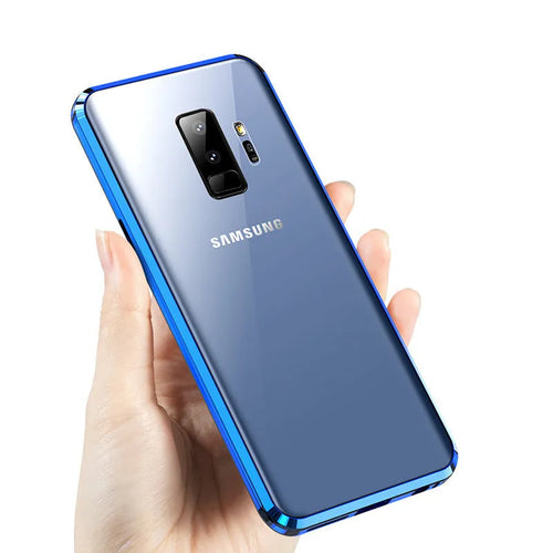 Black anti-peeping magnetic phone case for Samsung Galaxy shown in clamshell open position
