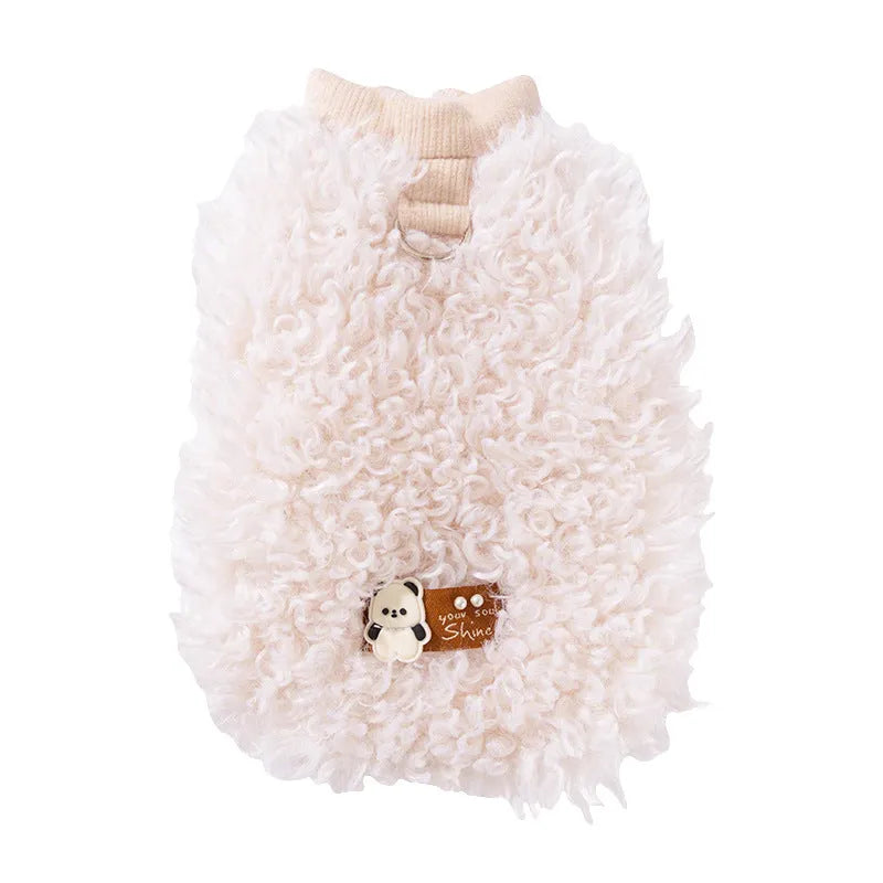 White fluffy lamb wool pet vest with 3D panda patch and "You Shine" tag for small cats and dogs.