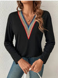 Autumn winter lace spliced V-neck loose long sleeve polyester top in green