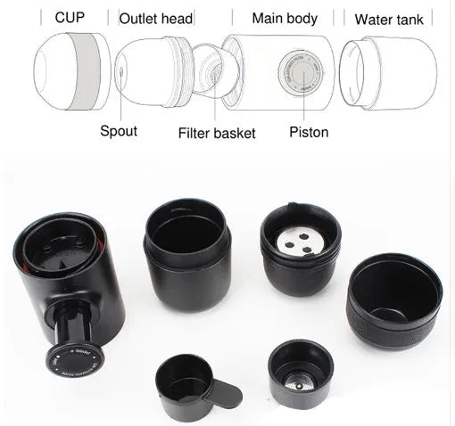 Black portable manual coffee machine with compact 6x17.5cm dimensions