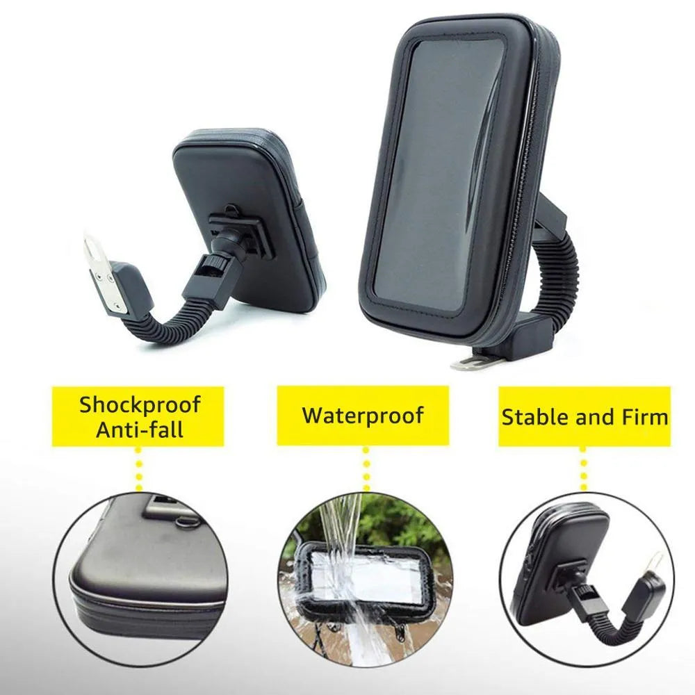 Waterproof bicycle phone holder mounted on handlebars with transparent touch screen window, three size options for 4.7 to 6.3 inch smartphones