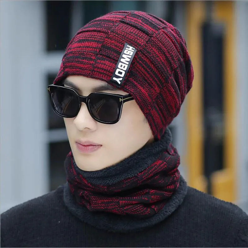Cotton knitted hat with earflaps for men 2-piece set black grey khaki navy red warp knit satin finish